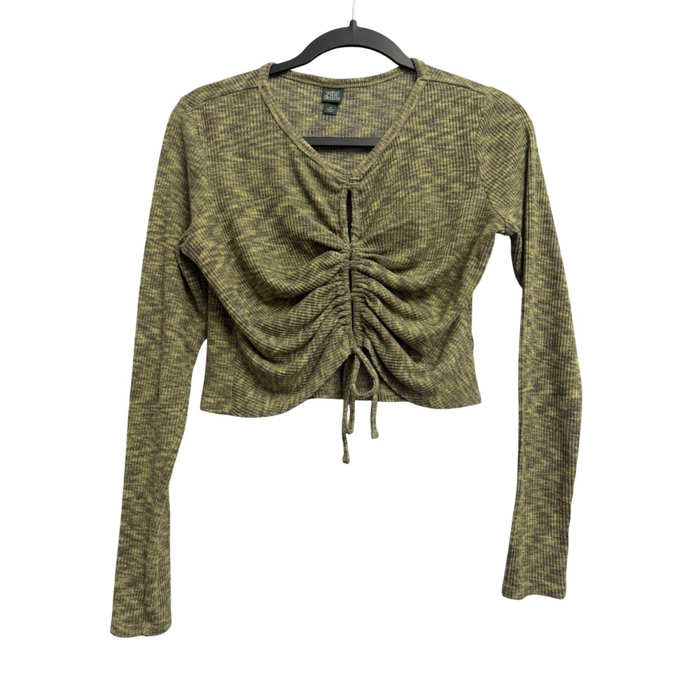 Wild Fable Womens Medium Green Marled Ribbed Cinched Front Crop Top Long Sleeve